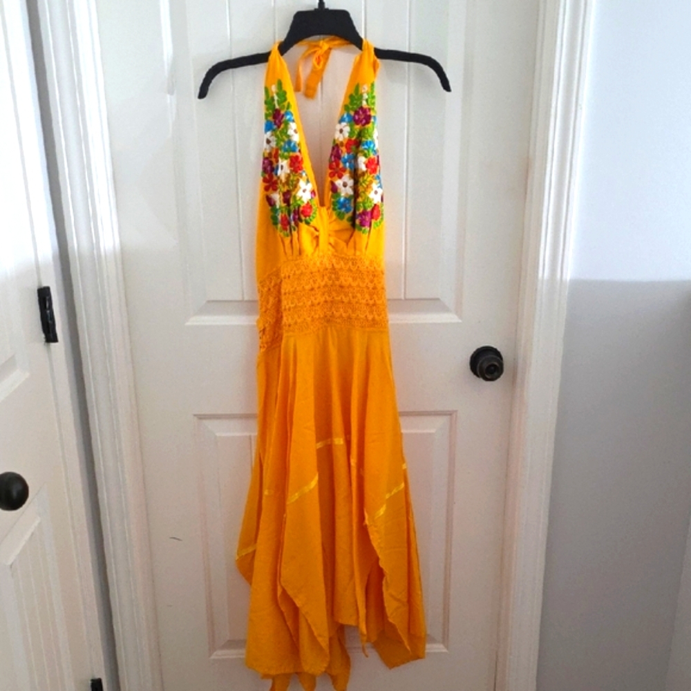 NWOT Custom Made Yellow Floral Halter Dress